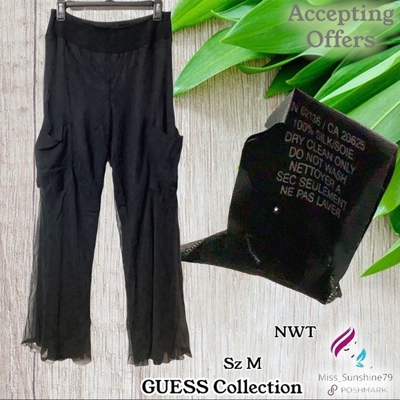 Guess Collection NWT - Sz M - Silk carpenter style wide leg flowy pants 2-layers - Picture 12 of 12